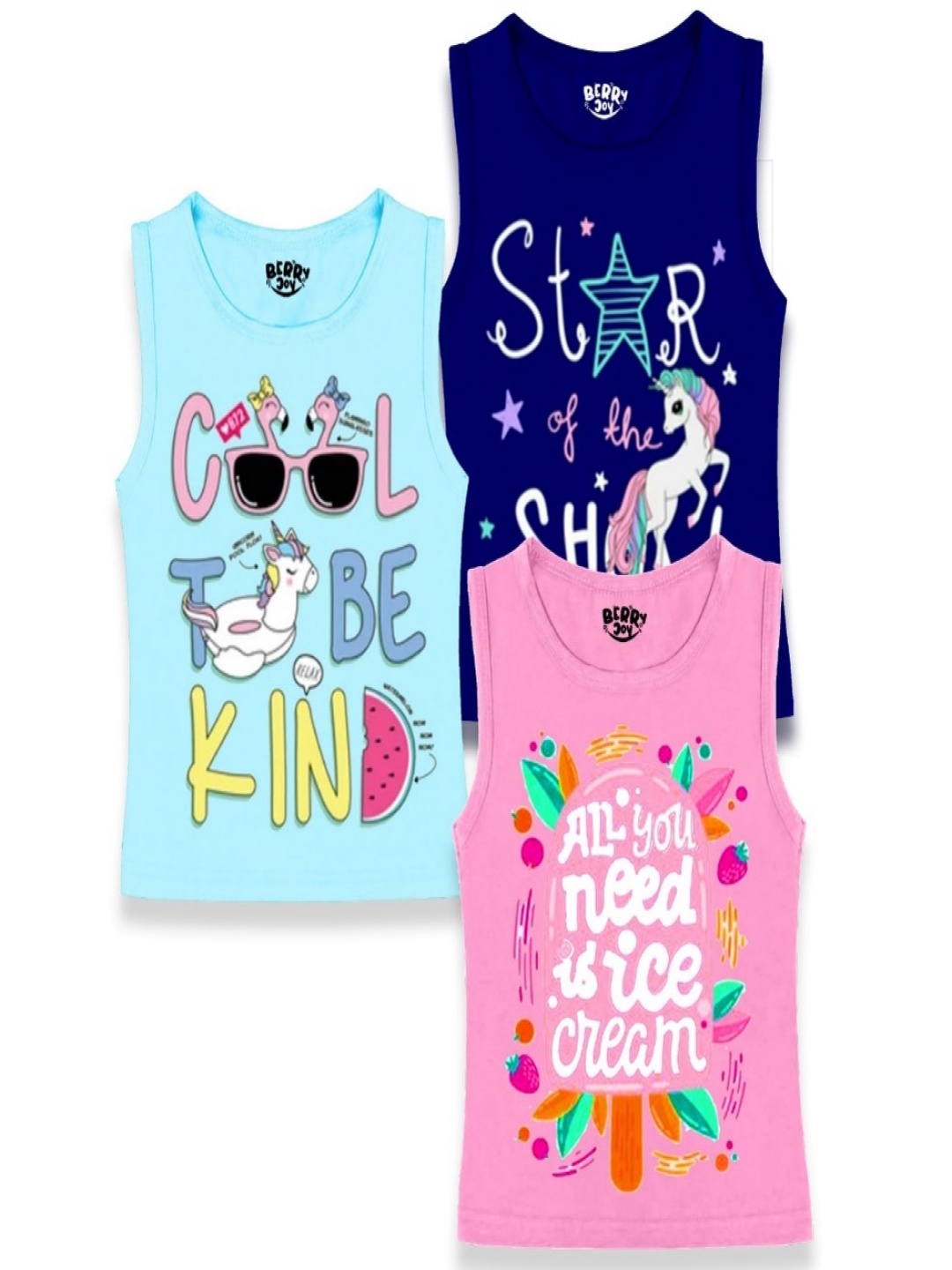 

BERRYJOY Girls Pack Of 3 Typography Printed Round Neck Cotton T-shirts, Blue