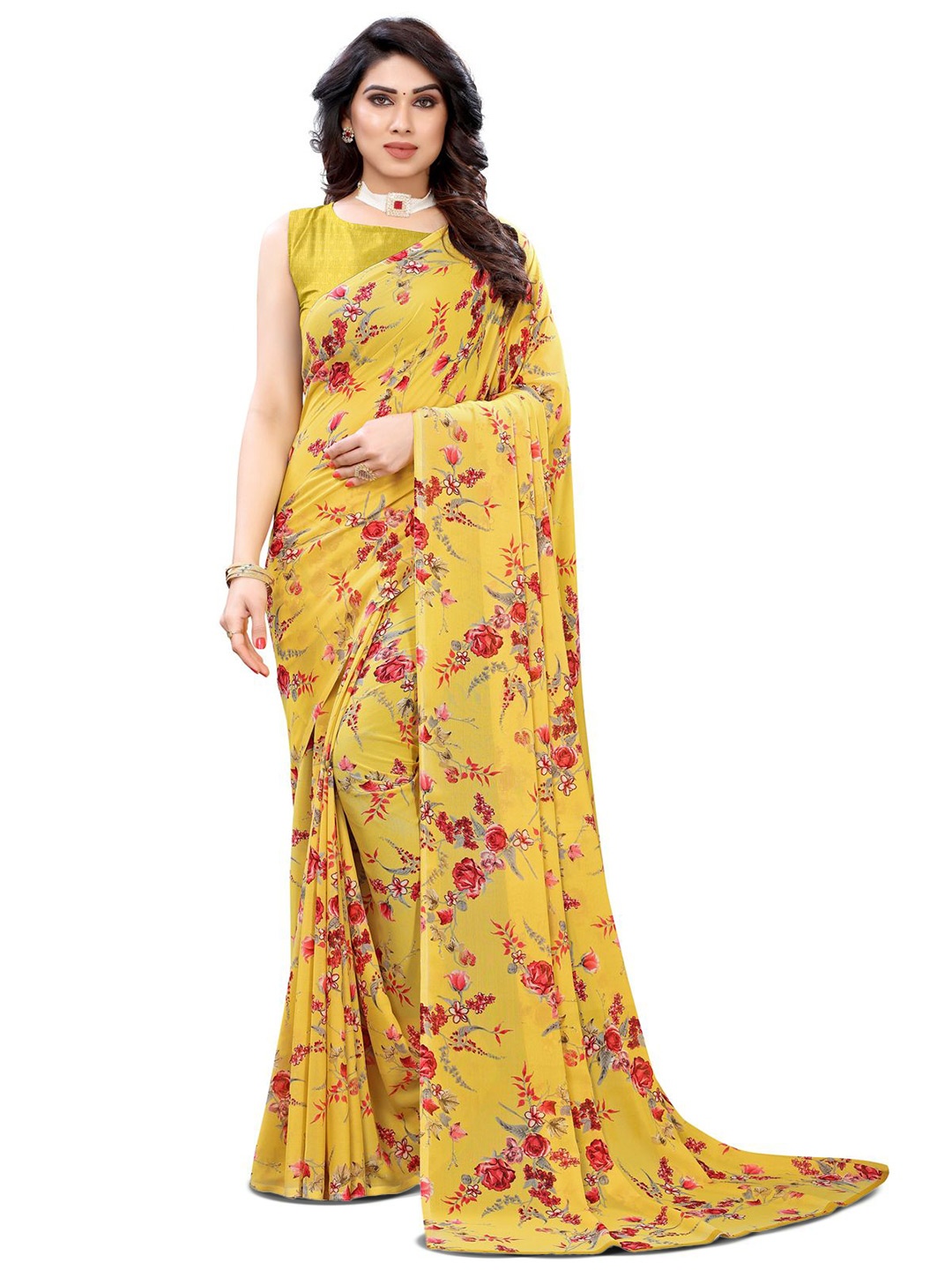 

HERE&NOW Floral Poly Georgette Saree, Yellow