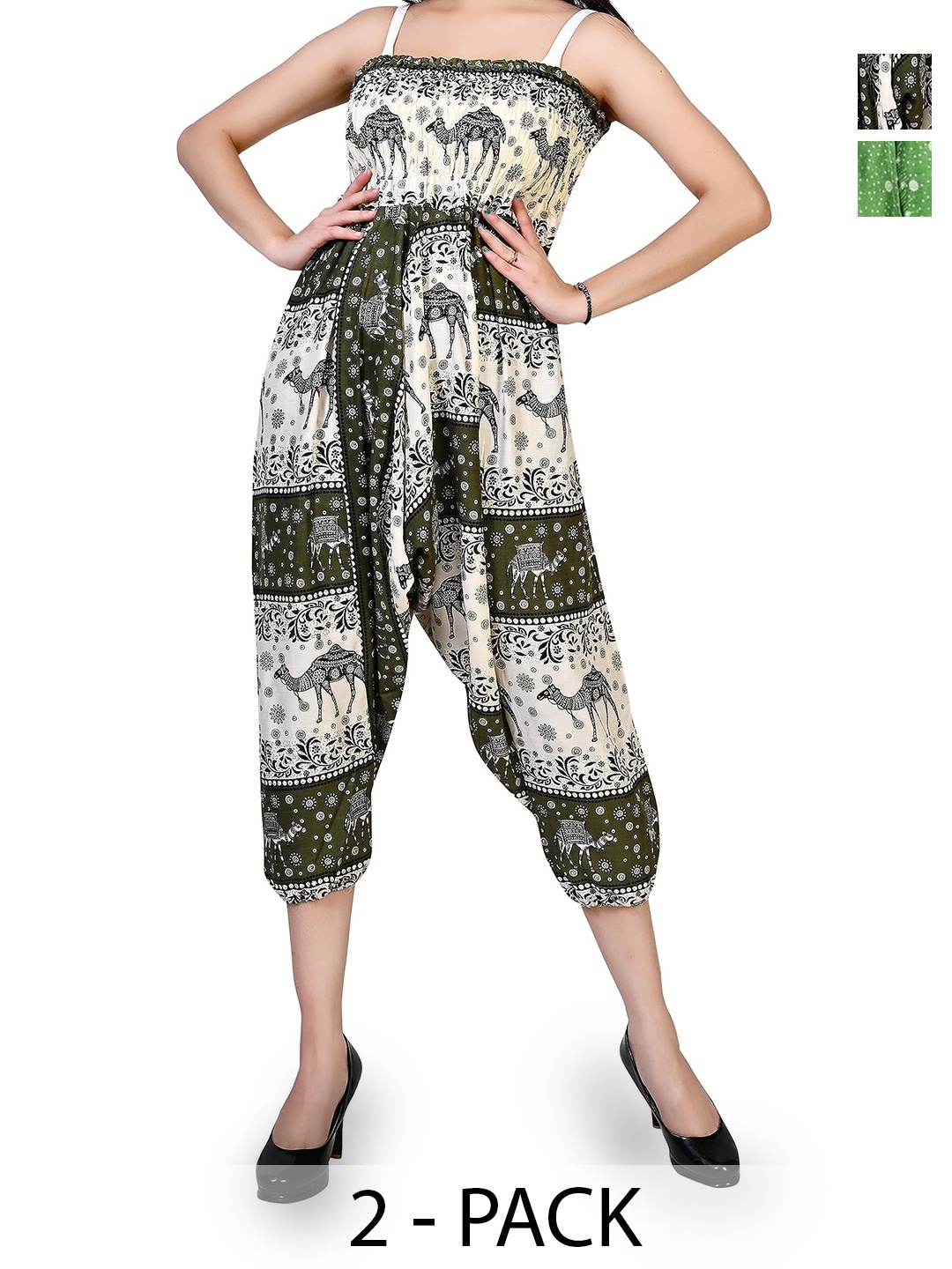 

NarNari Women Pack Of 2 Ethnic Motifs Printed Loose-Fit Harem Pants, Olive