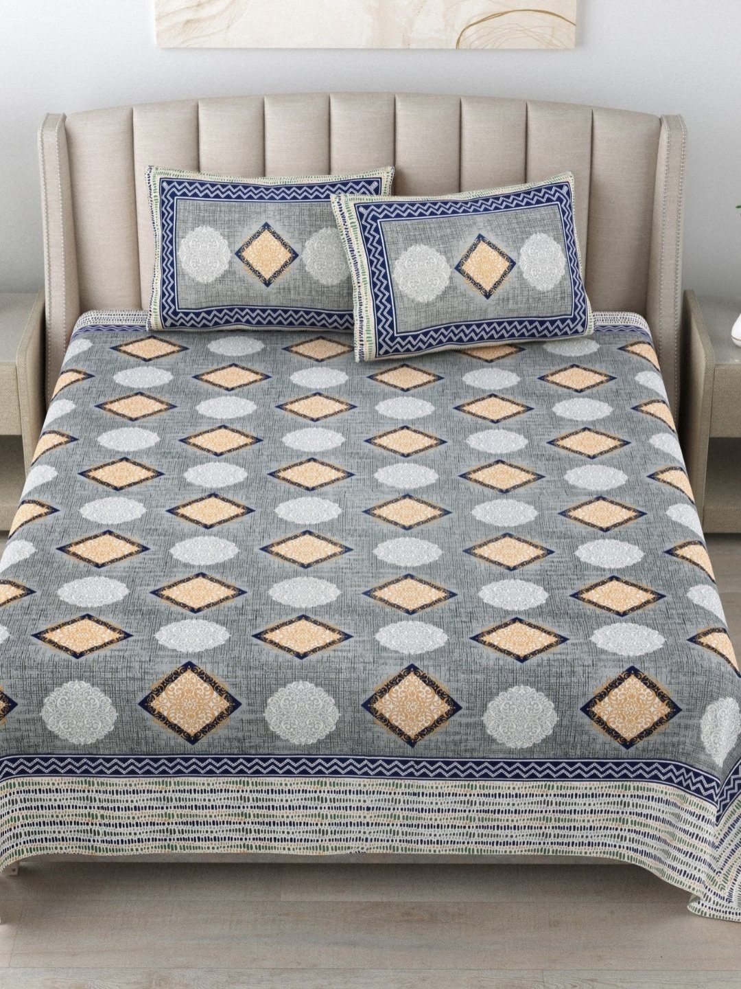 

JAIPUR FABRIC Grey & Blue Geometric 180 TC King Bedsheet with 2 Pillow Covers