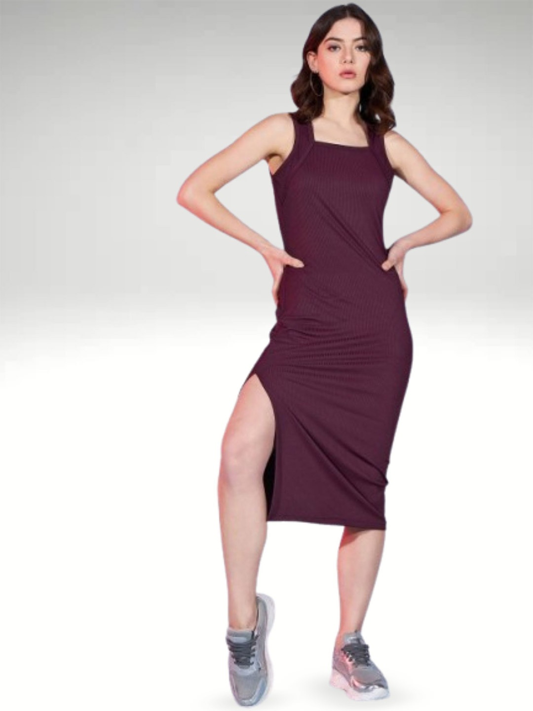 

DressBerry Women Cotton Bodycon Midi Dress, Burgundy