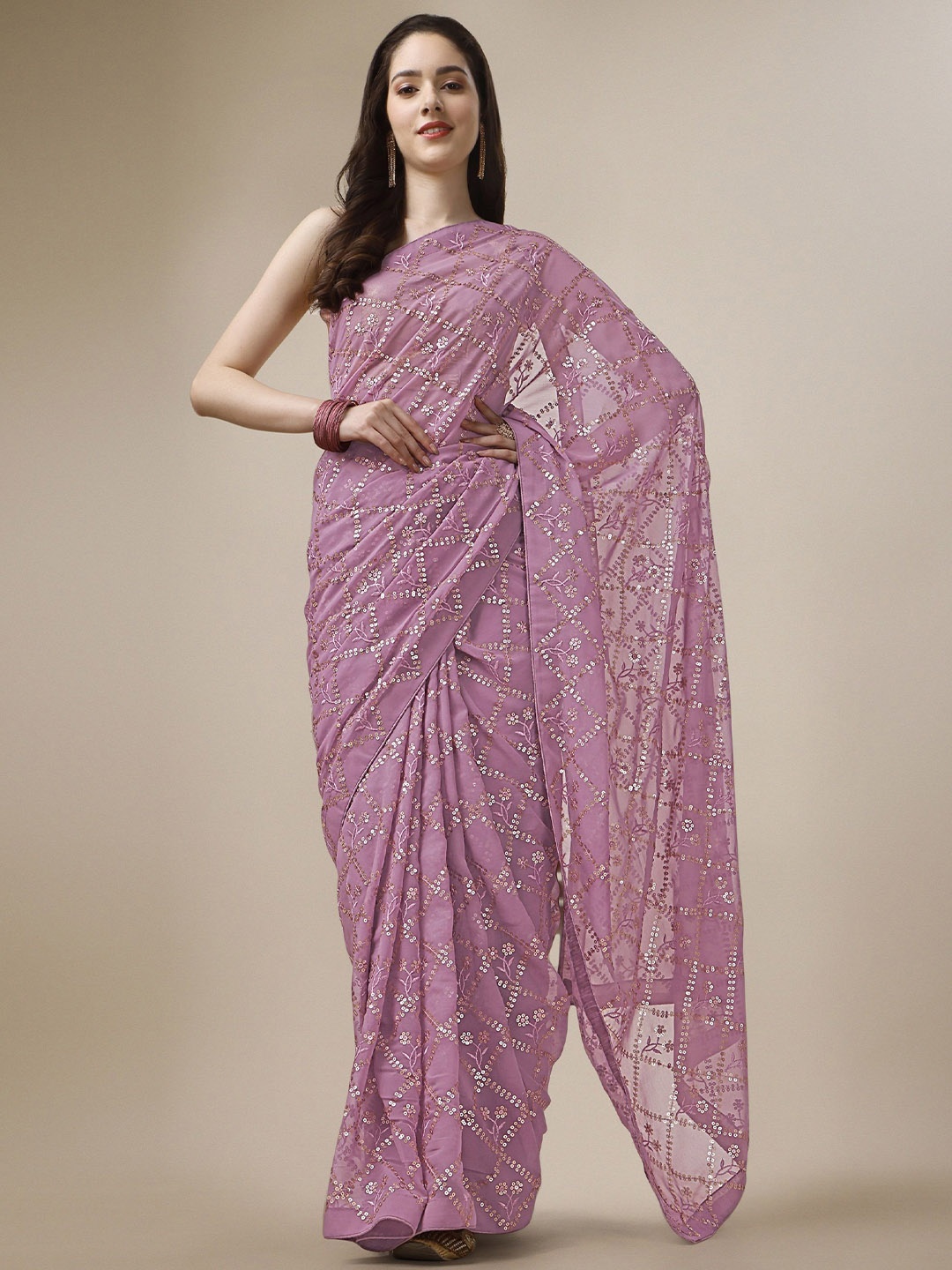 

Moda Rapido Embellished Sequinned Pure Georgette Heavy Work Saree, Pink