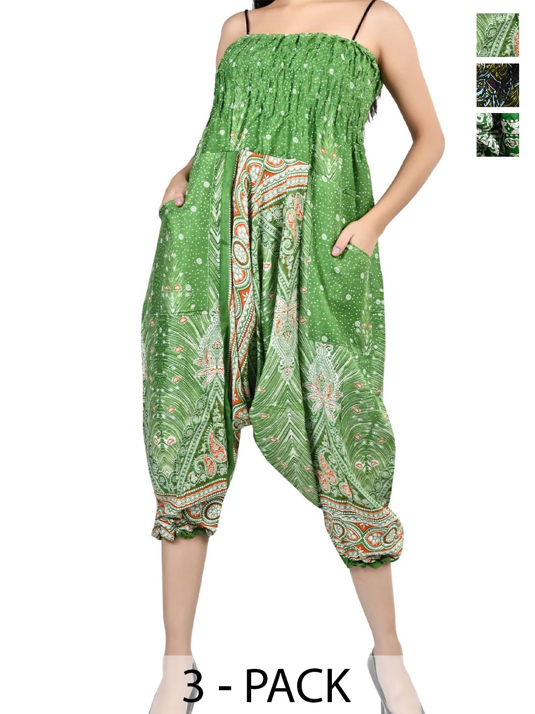 

NarNari Women Pack Of 3 Printed Mid-Rise Harem Pants, Green