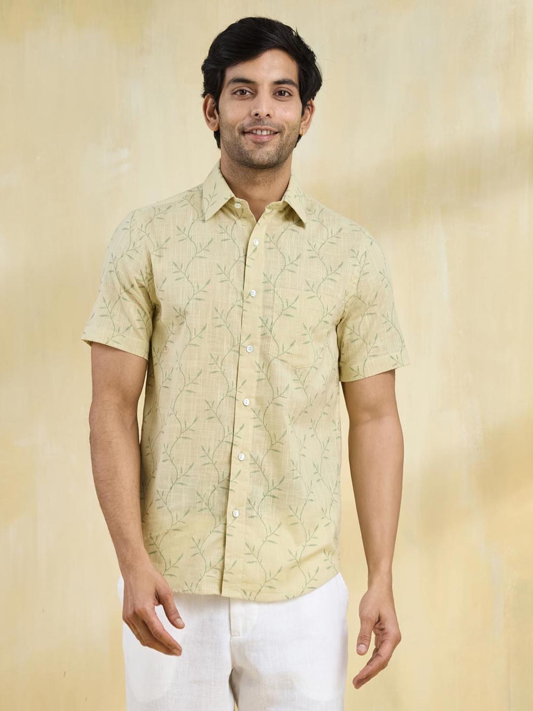 

Fabindia Women Slim Fit Spread Collar Tropical Printed Cotton Casual Shirt, Yellow
