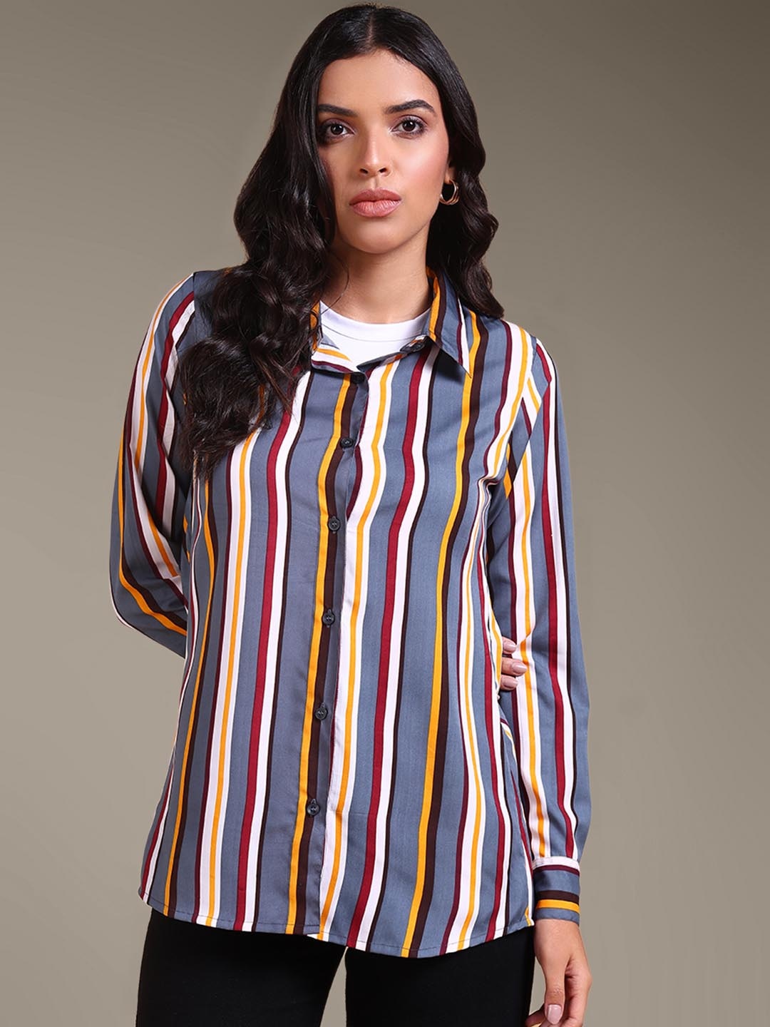 

DressBerry Women Spread Collar Vertical Striped Casual Shirt, Blue