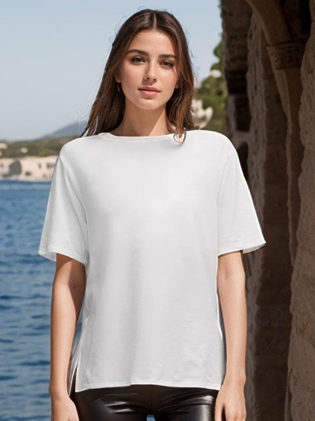 

BLUEFICUS Women Solid Boat Neck Cotton T-shirt, White