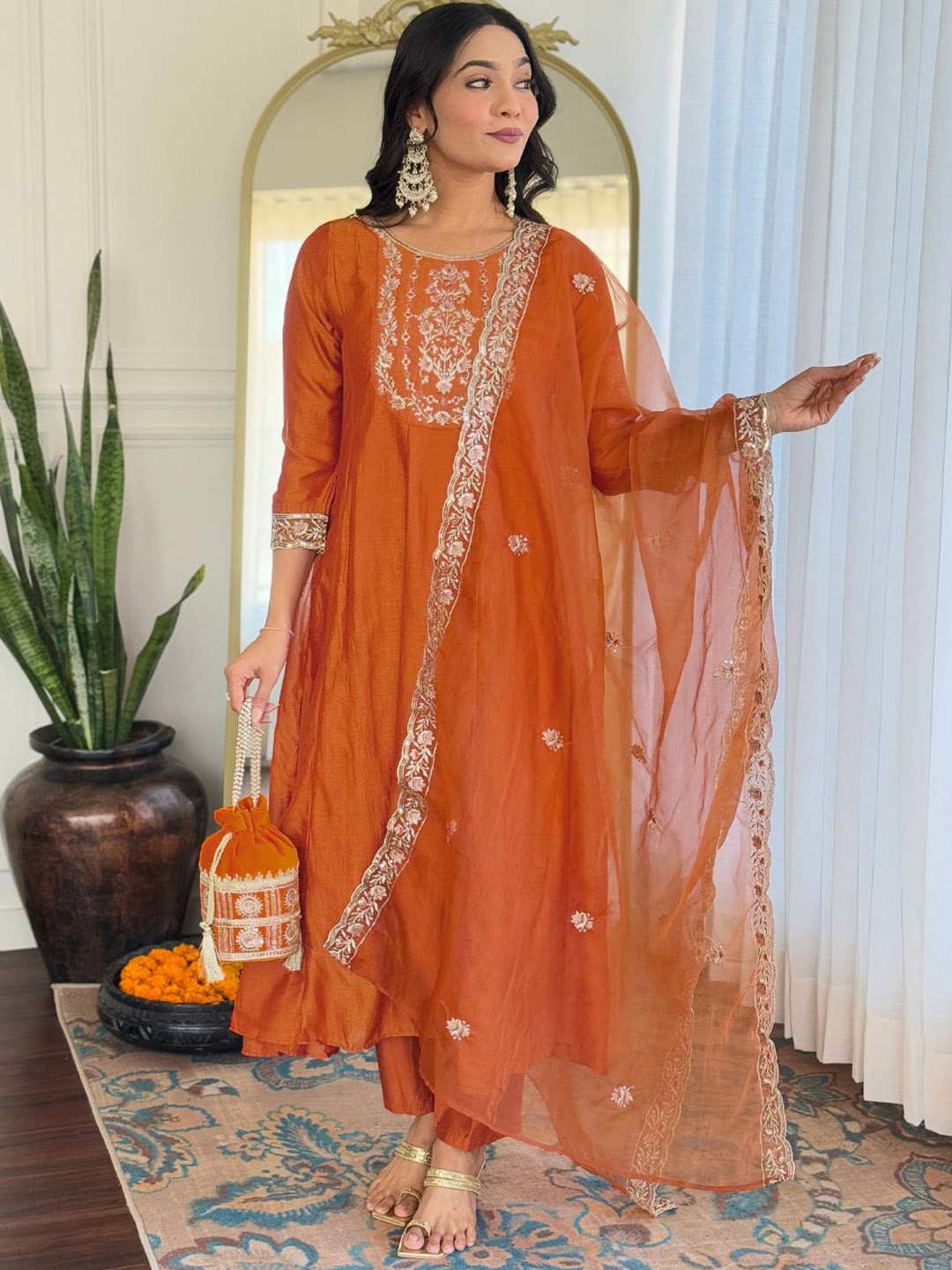 

KALINI Floral Embroidered Panelled Anarkali Kurta With Trousers & Dupatta, Rust