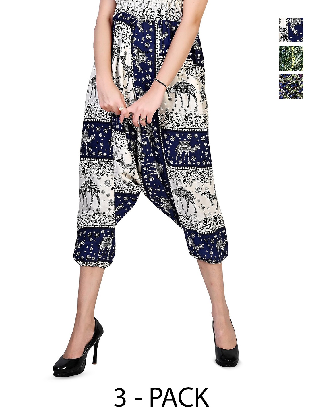 

NarNari Women Pack Of 3 Ethnic Motifs Printed Harem Pants, Green