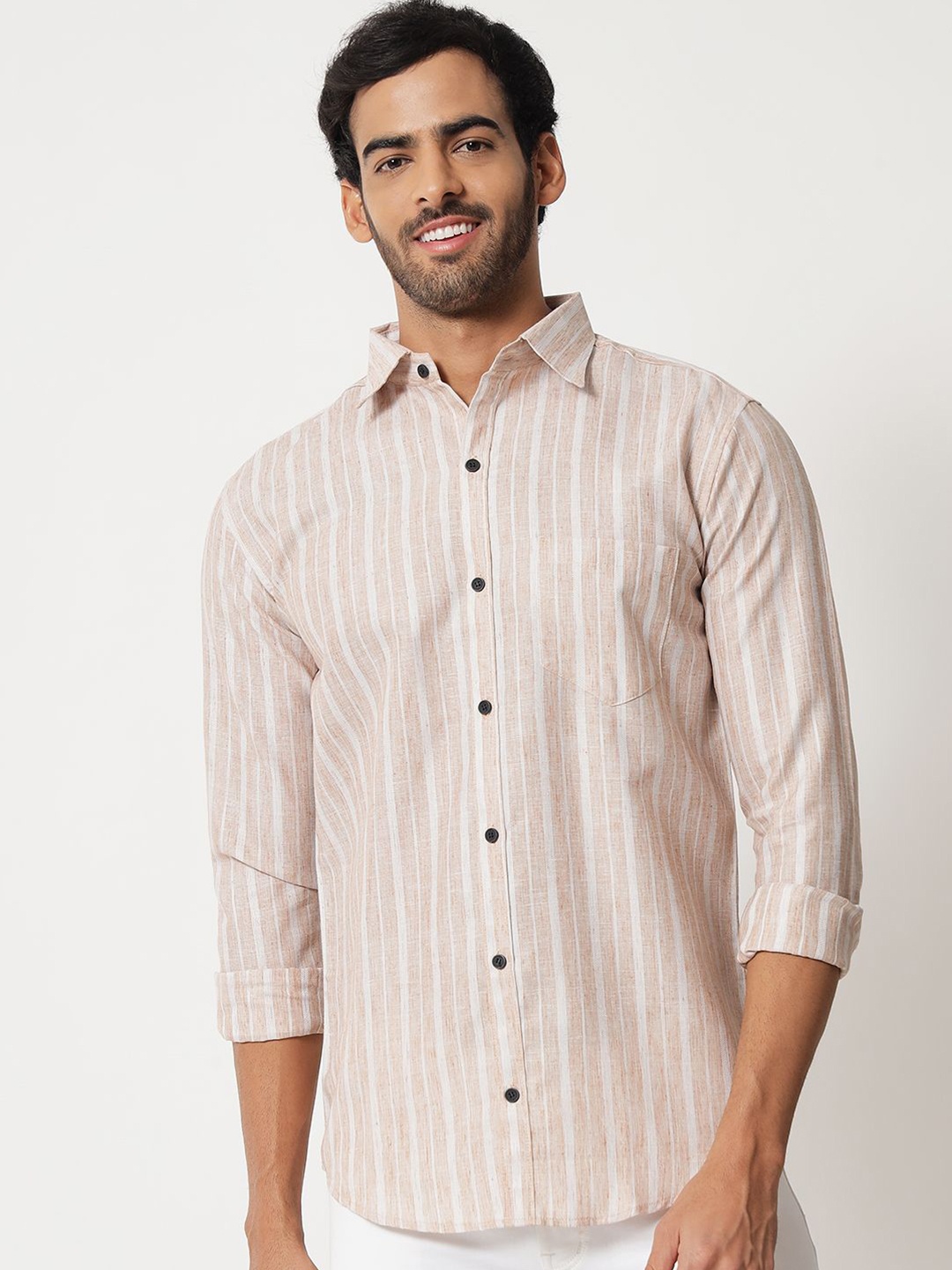 

SHANLIYA Men Classic Fit Spread Collar Vertical Striped Cotton Casual Shirt, Beige