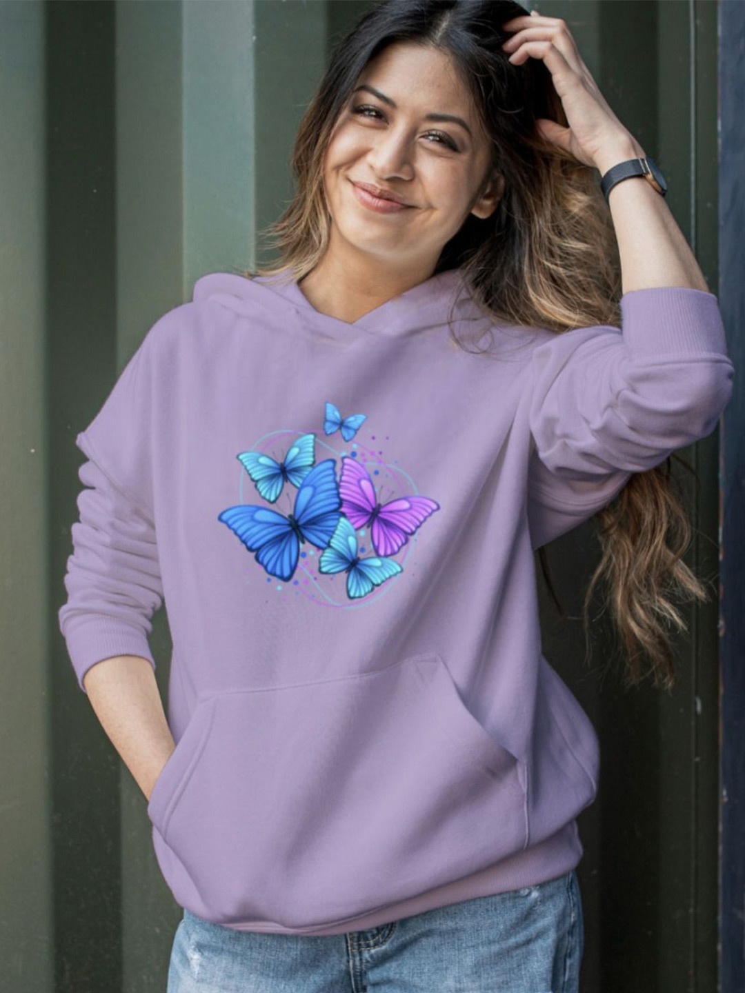 

KASHIAN Women Printed Hooded Sweatshirt, Purple