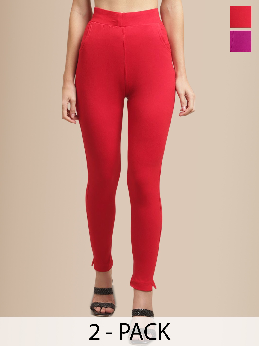 

Valles365 by S.C. Women Pack Of 2 Cotton Ankle-Length Leggings with Pocket, Red