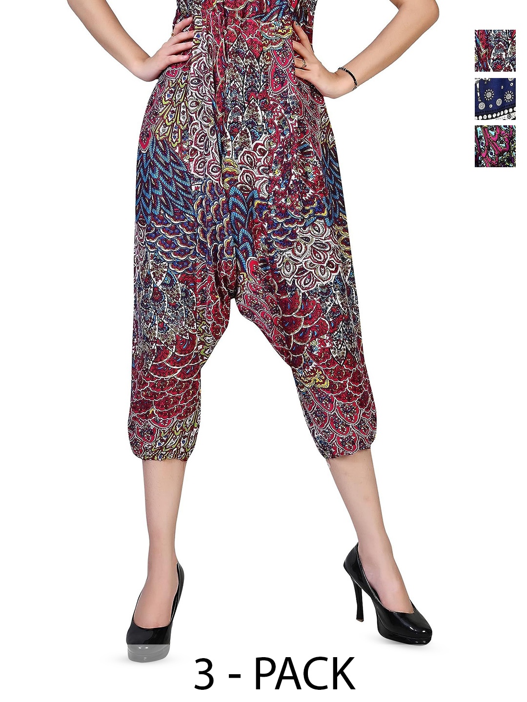 

NarNari Women Pack Of 3 Printed High Rise Harem Pants, Red