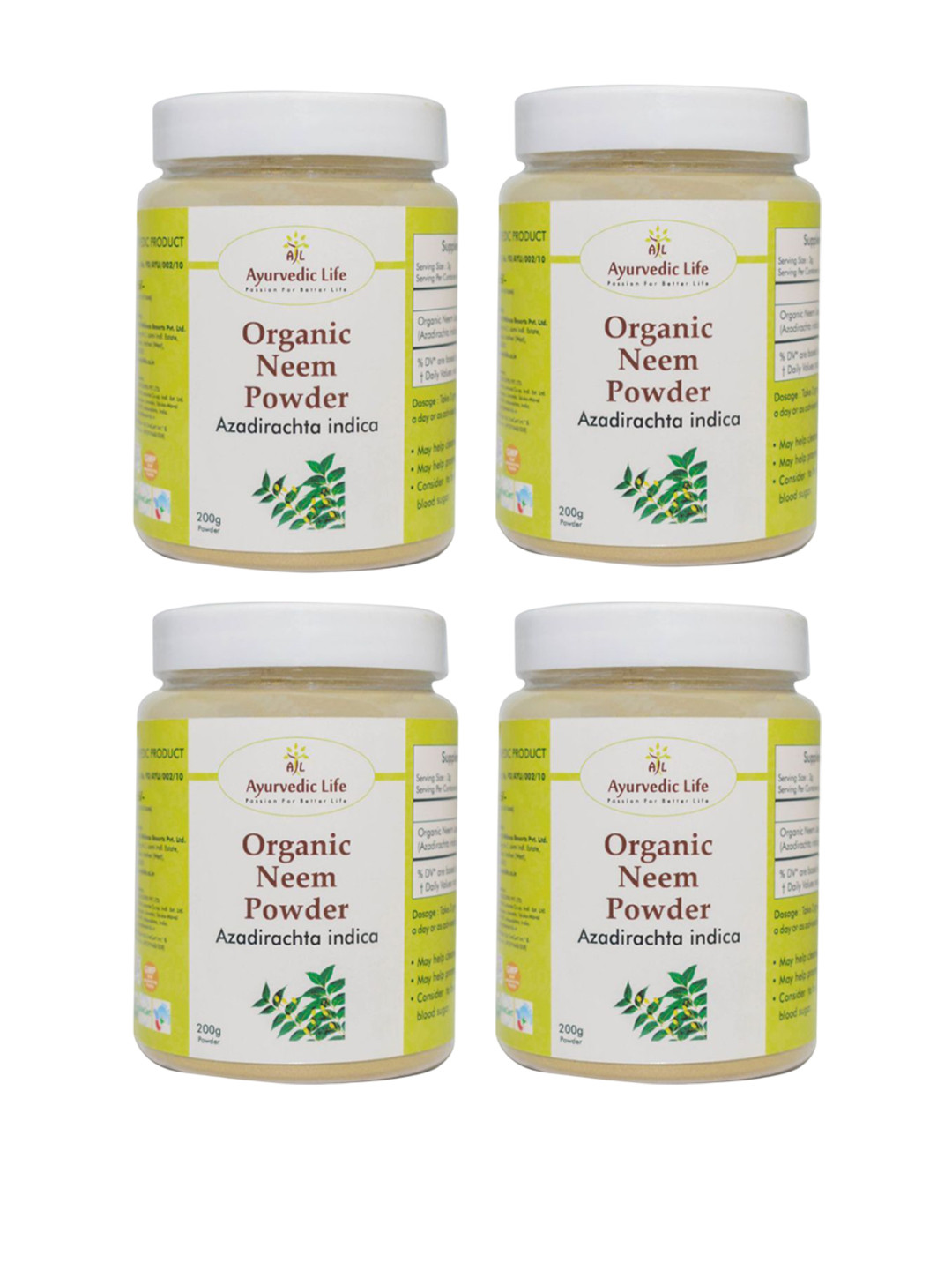

Ayurvedic Life Set Of 4 Organic Neem Powder - 200 g Each, White