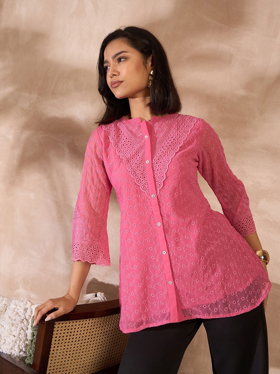 

all about you Women Floral Embroidered A-Line Longline Top, Pink