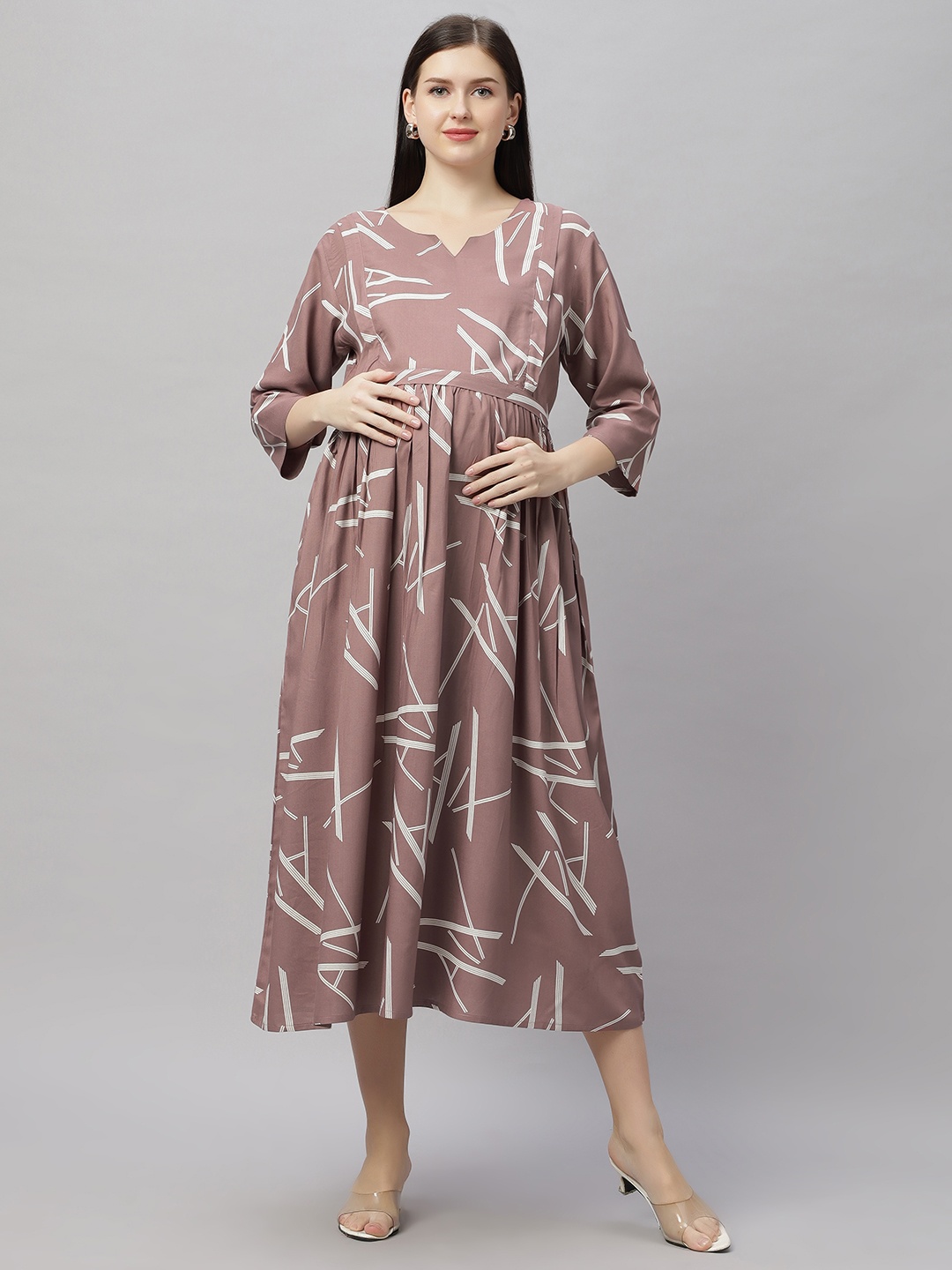 

DZZO Women Printed Maternity Fit & Flare Midi Dress, Peach