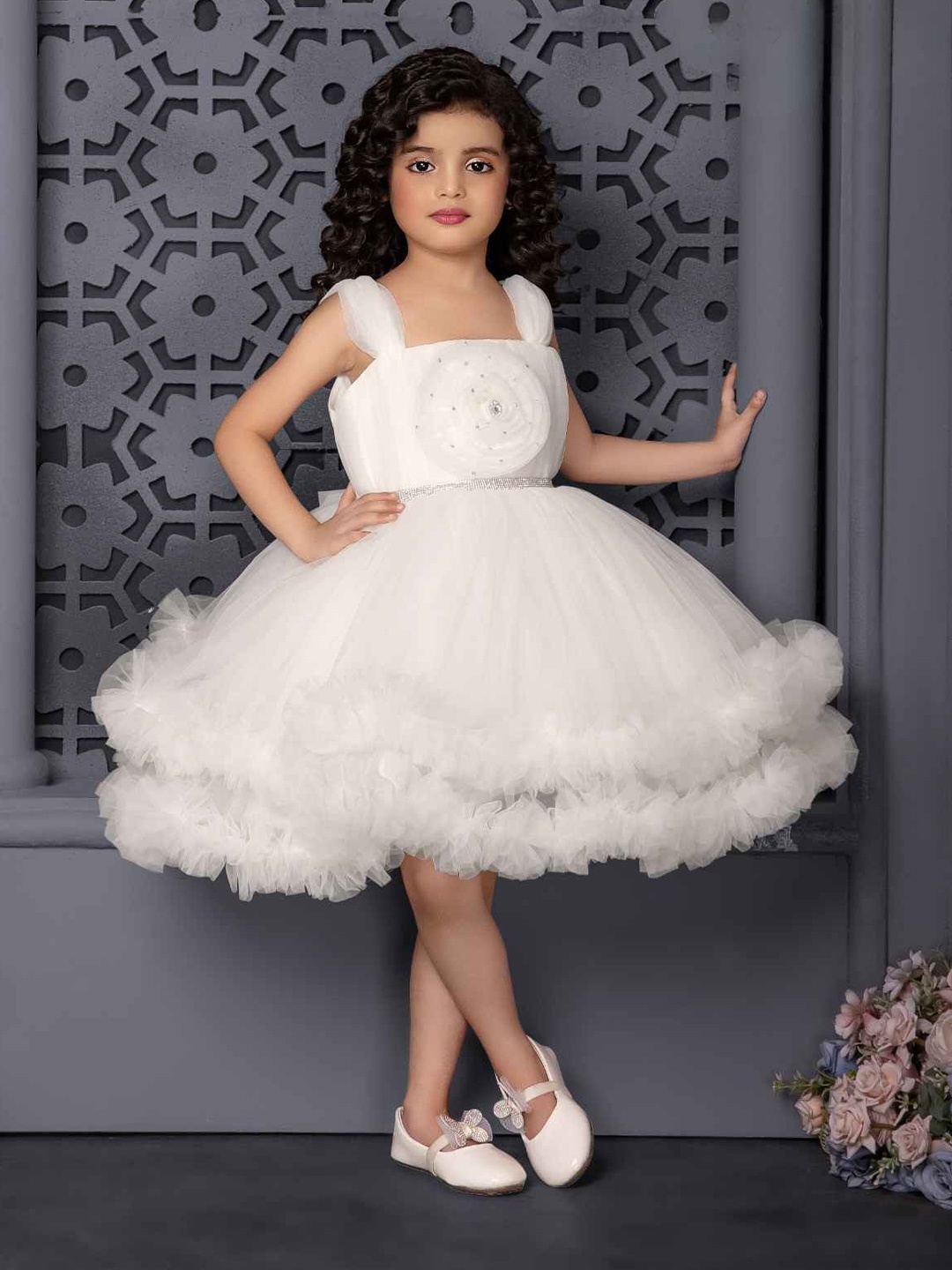 

Lagorii Girls Floral Embellished Net Fit & Flare Dress, White