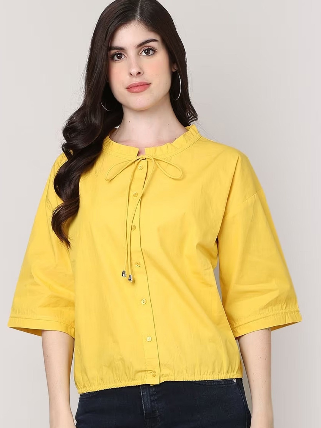 

SAKURA Tie-Up Neck Cotton Top, Yellow