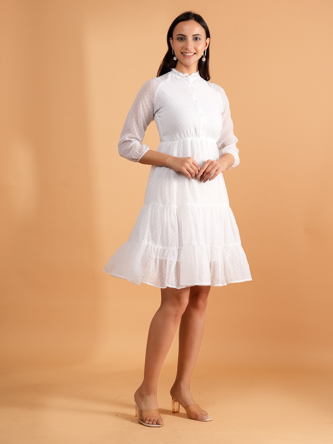

BAESD Women Self Design Tiered Fit & Flare Dress, White