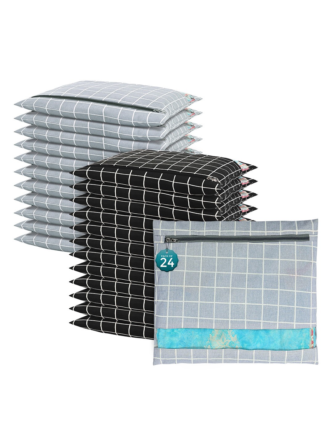 

Kuber Industries Grey & White 24 Pieces Checked Mesh Cotton Saree Covers Organizers