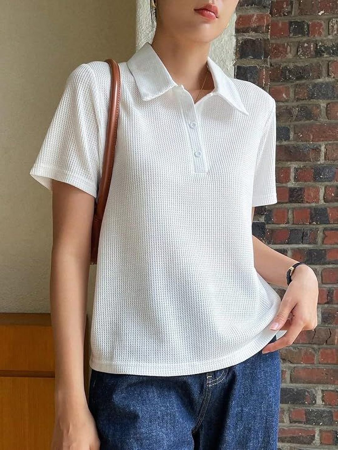 

KASHIAN Women Self Design Polo Collar Cotton T-shirt, White