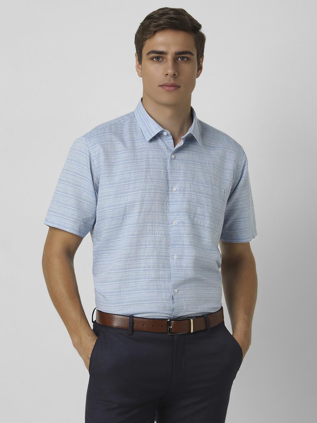 

Van Heusen Men Spread Collar Horizontal Striped Linen Formal Shirt, Blue