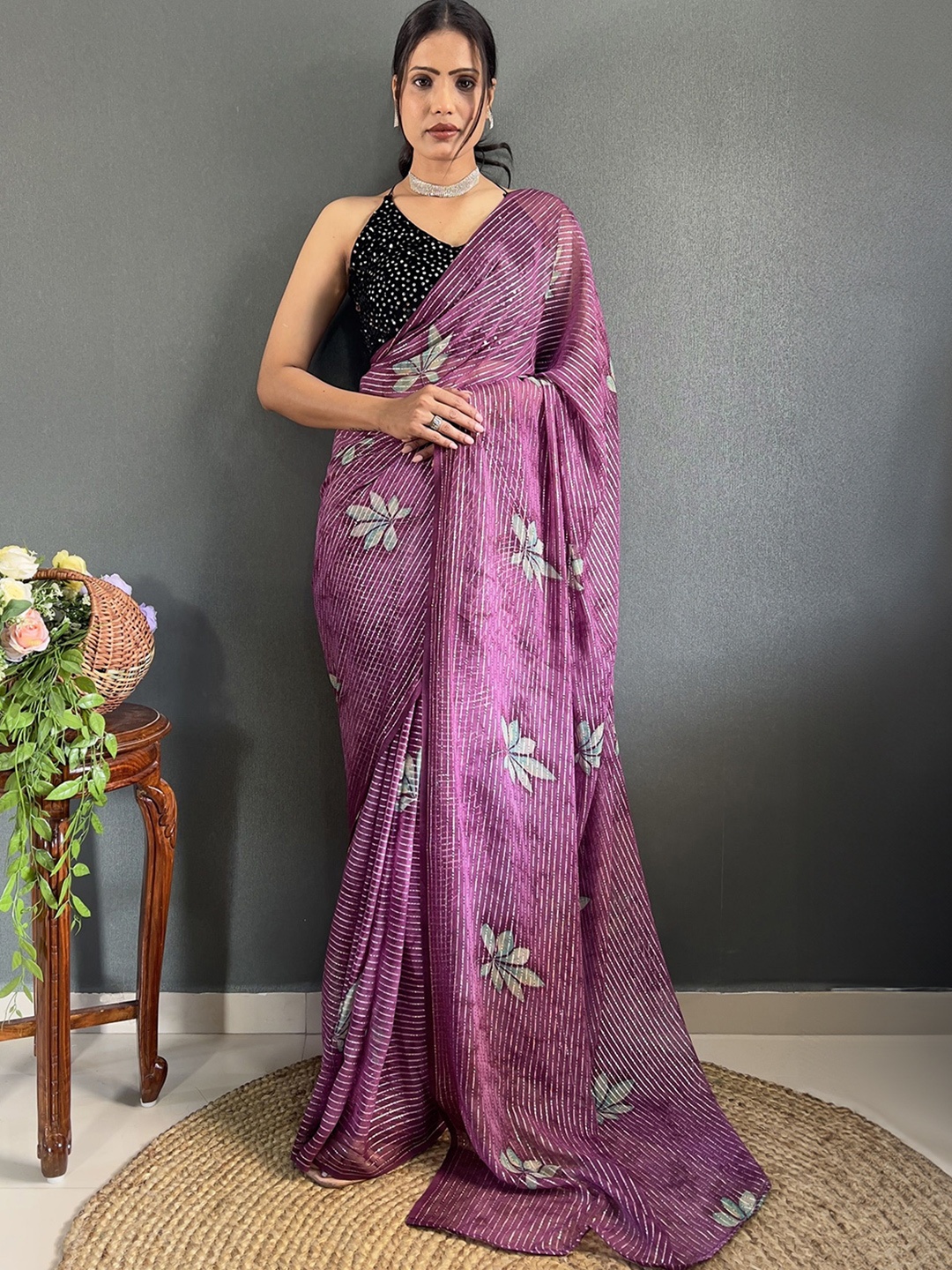 

Moda Rapido Striped Pure Georgette Saree, Purple