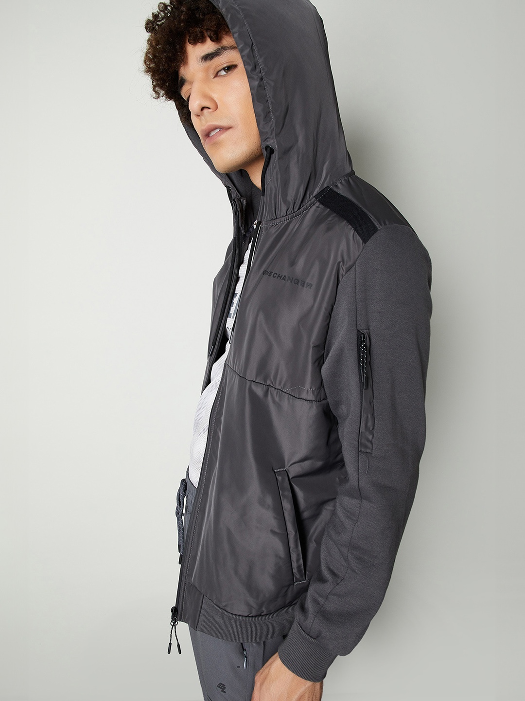 

max Men Hooded Solid Cotton Casual Bomber Jacket, Grey