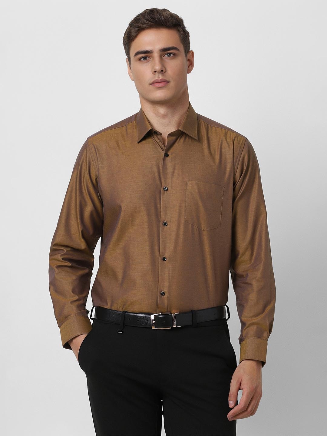 

Van Heusen Men Spread Collar Solid Cotton Formal Shirt, Brown