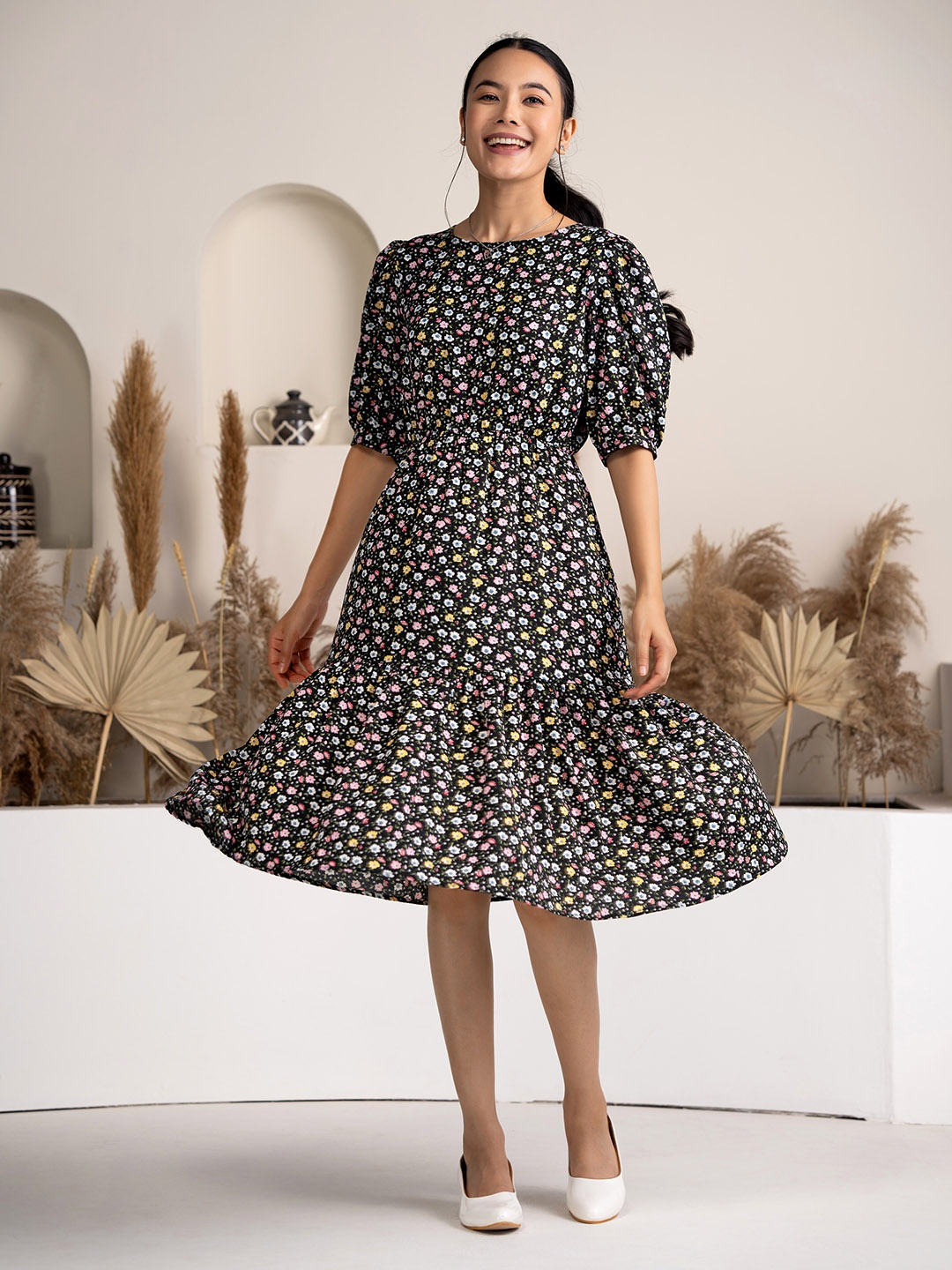 

DressBerry Floral Print Puff Sleeve Crepe Fit & Flare Dress, Black