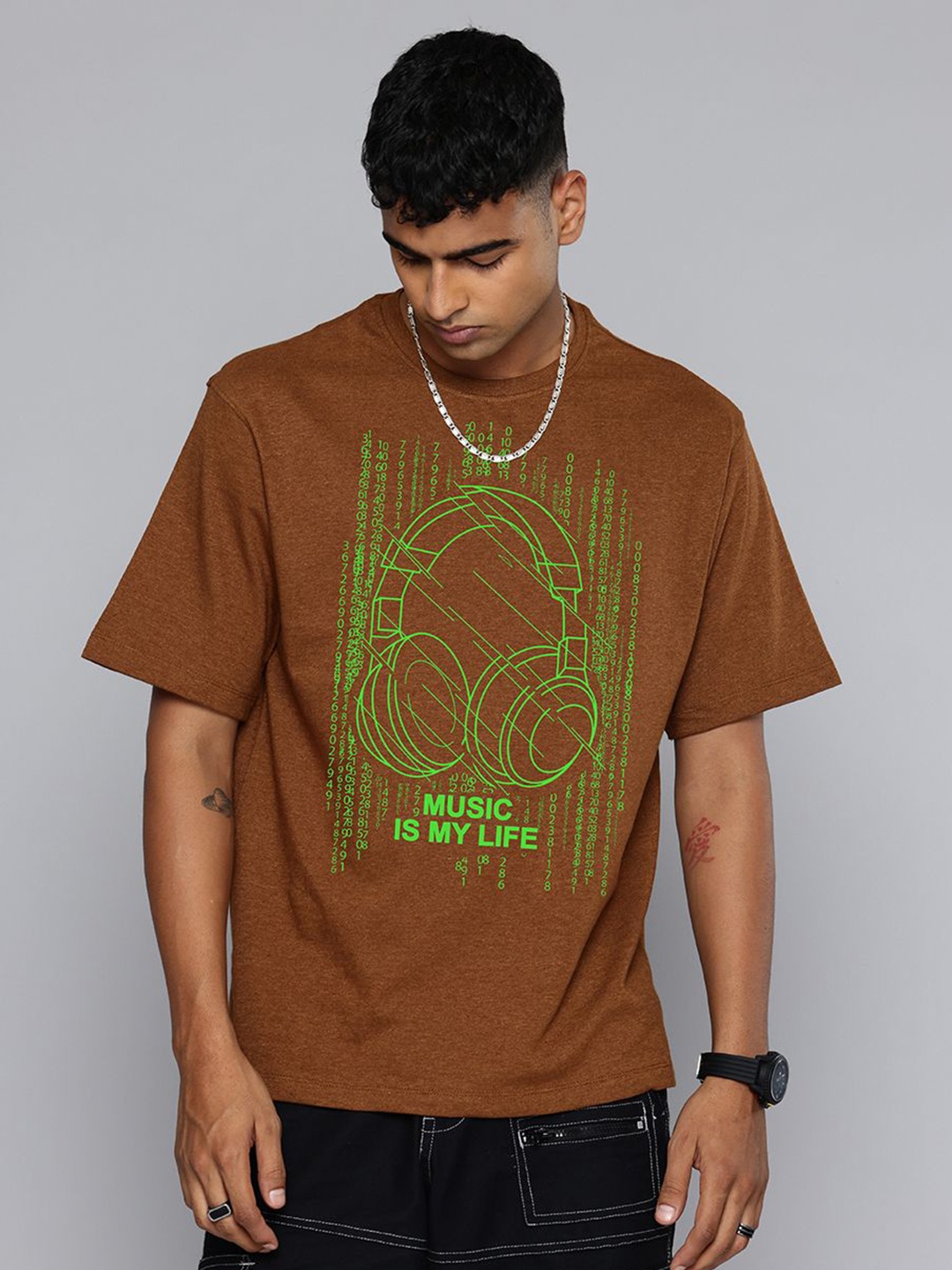 

Moda Rapido Men Graphic Printed Round Neck Cotton Relaxed Fit T-shirt, Brown