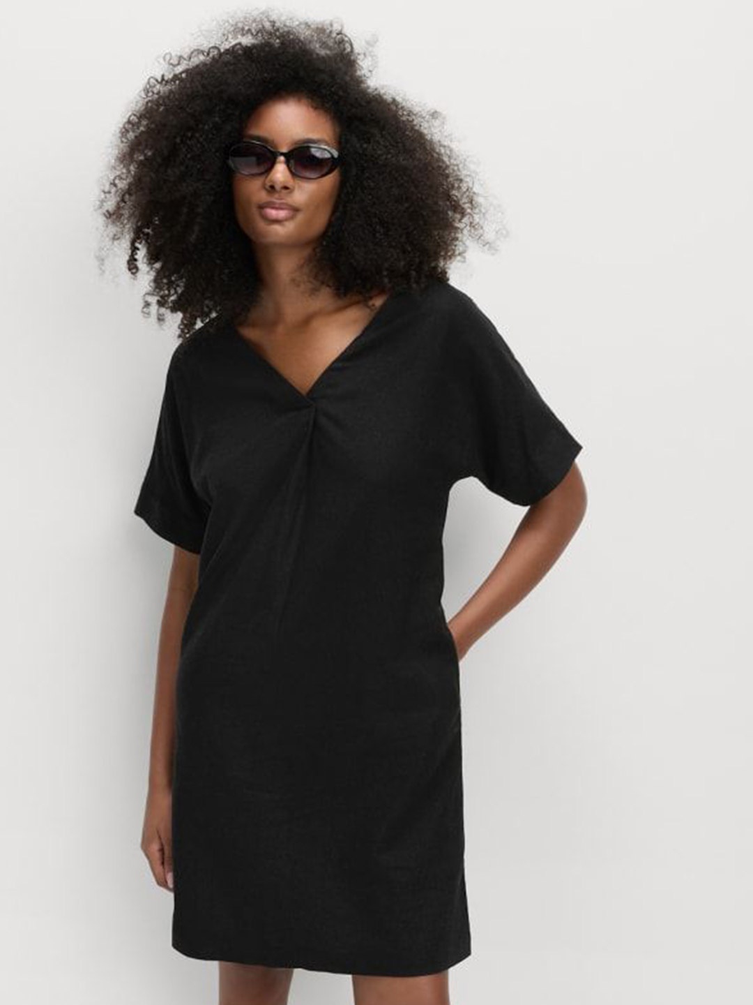 

Marks & Spencer Women Linen V-Neck A-Line Dress, Black