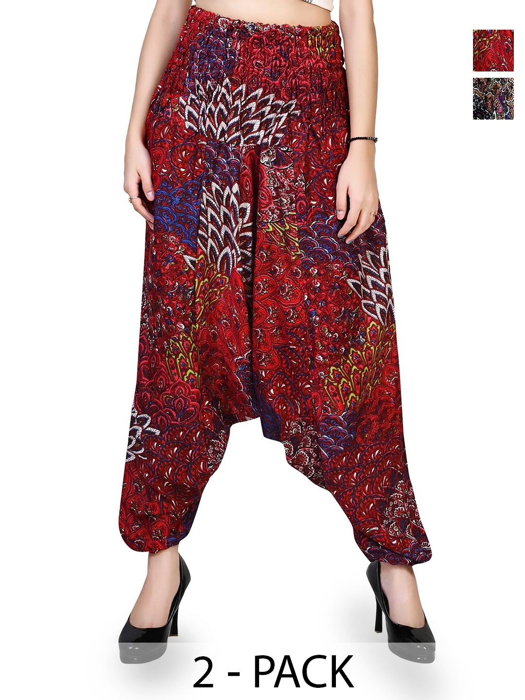 

NarNari Women Pack Of 2 Floral Printed Mid-Rise Harem Pants, Red