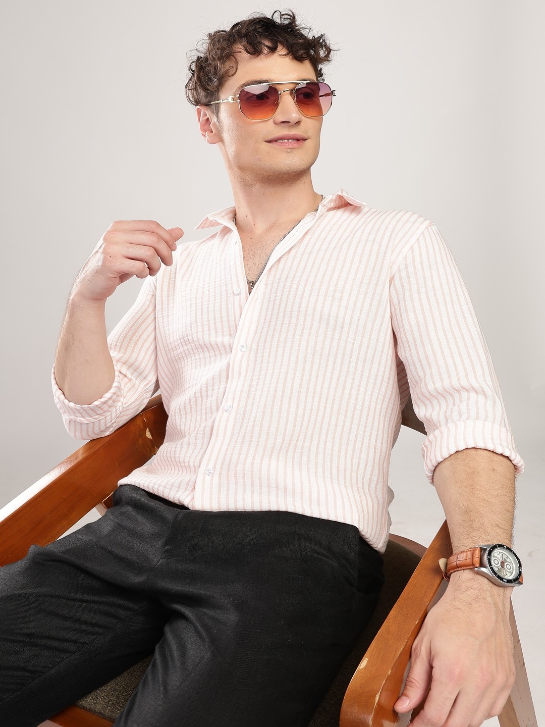 

NEVER NEUD Men Comfort Fit Spread Collar Vertical Striped Casual Shirt, White