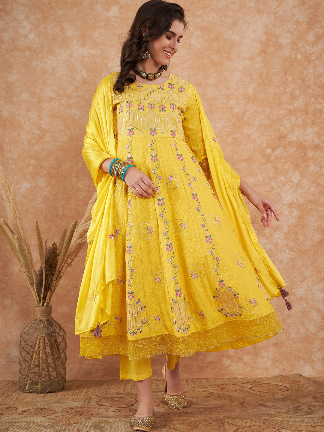 

all about you Embroidered Sequenned Pure Cotton Angrakha Kurta With Trouser And Dupatta, Yellow