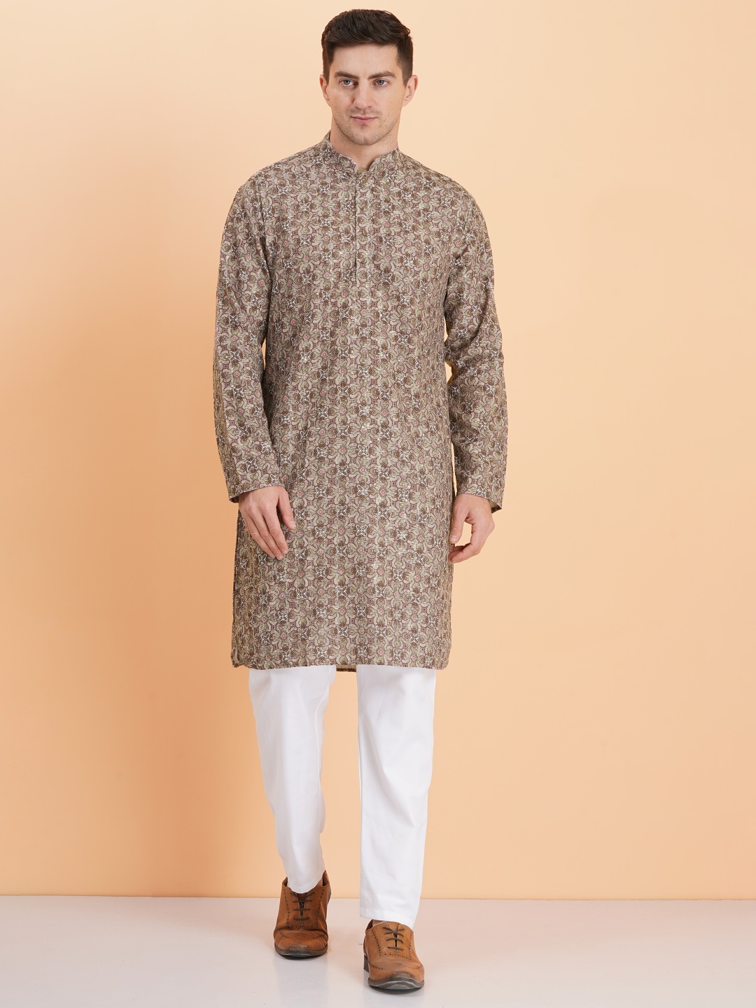 

SG LEMAN Men Floral Printed Regular Kurta with Pyjamas, Brown