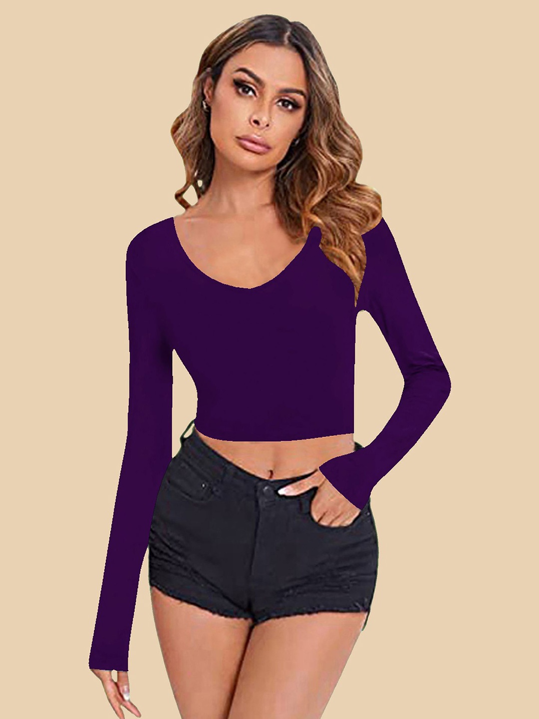 

Dream Beauty Fashion Women V-Neck Long Sleeves Fitted Crop Top, Purple