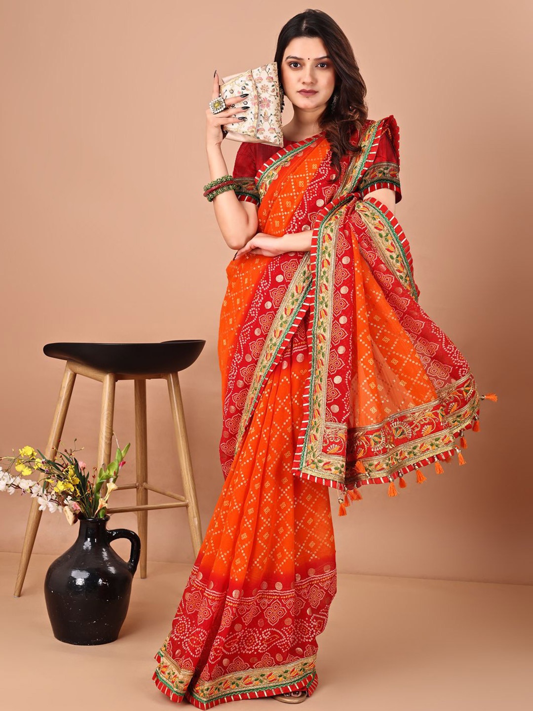 

Panzora Bandhani Printed Saree, Orange