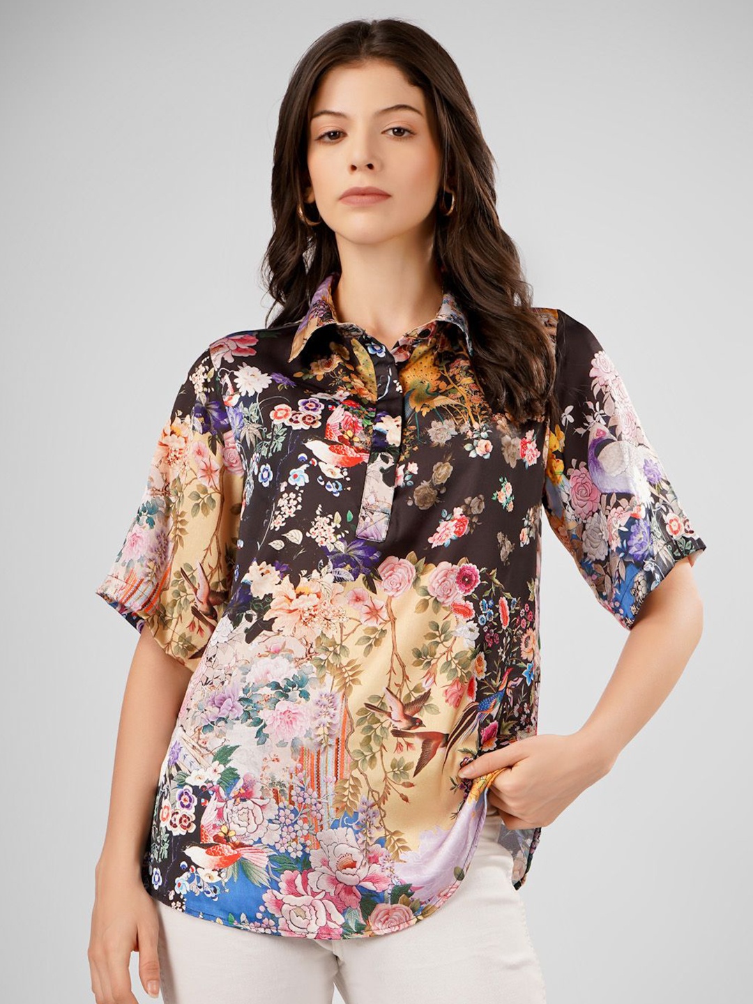 

Sukshat Floral Print Satin Shirt Style Top, Multi