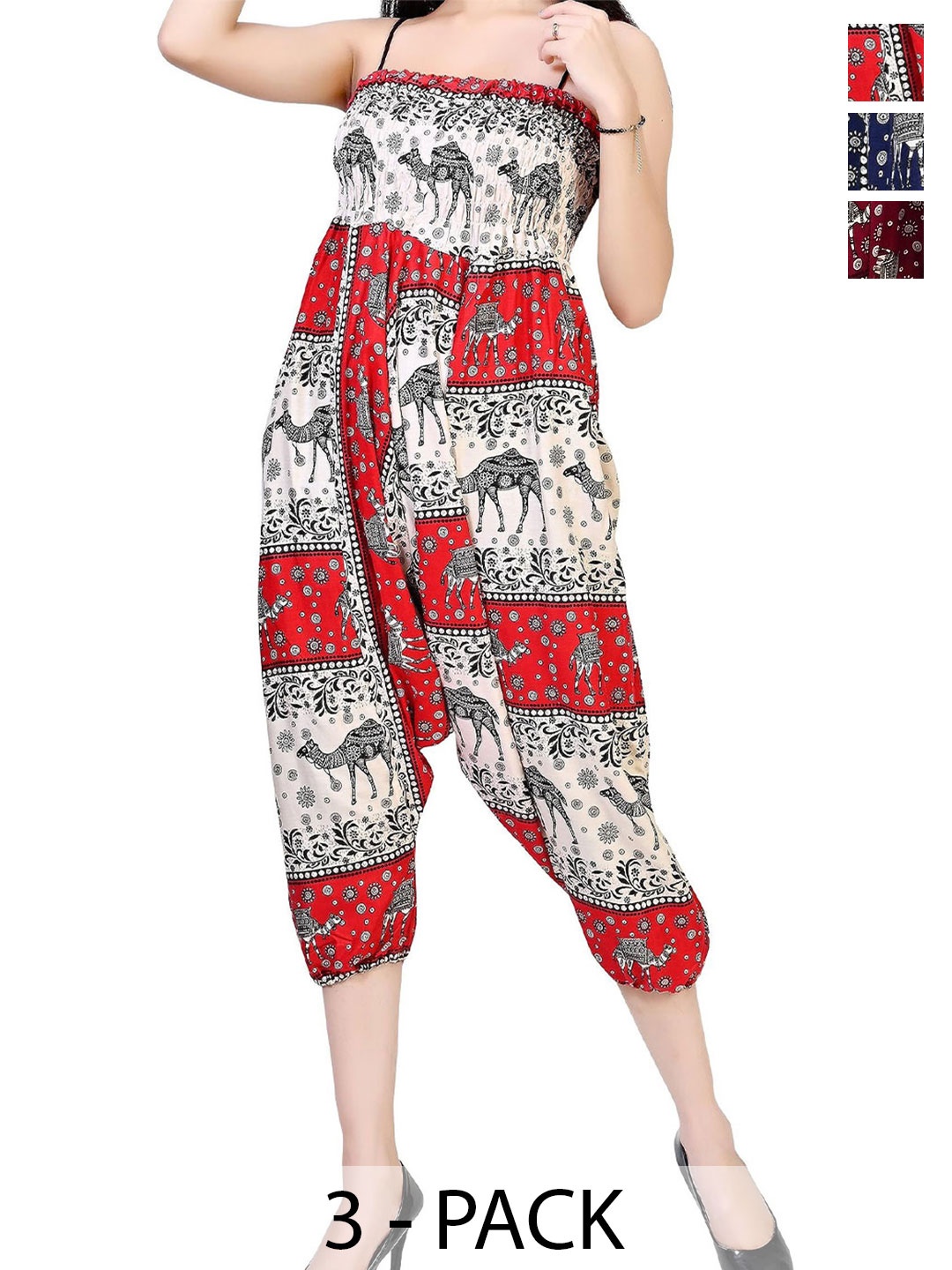 

NarNari Women Pack Of 3 Printed Mid-Rise Harem Pants, Red