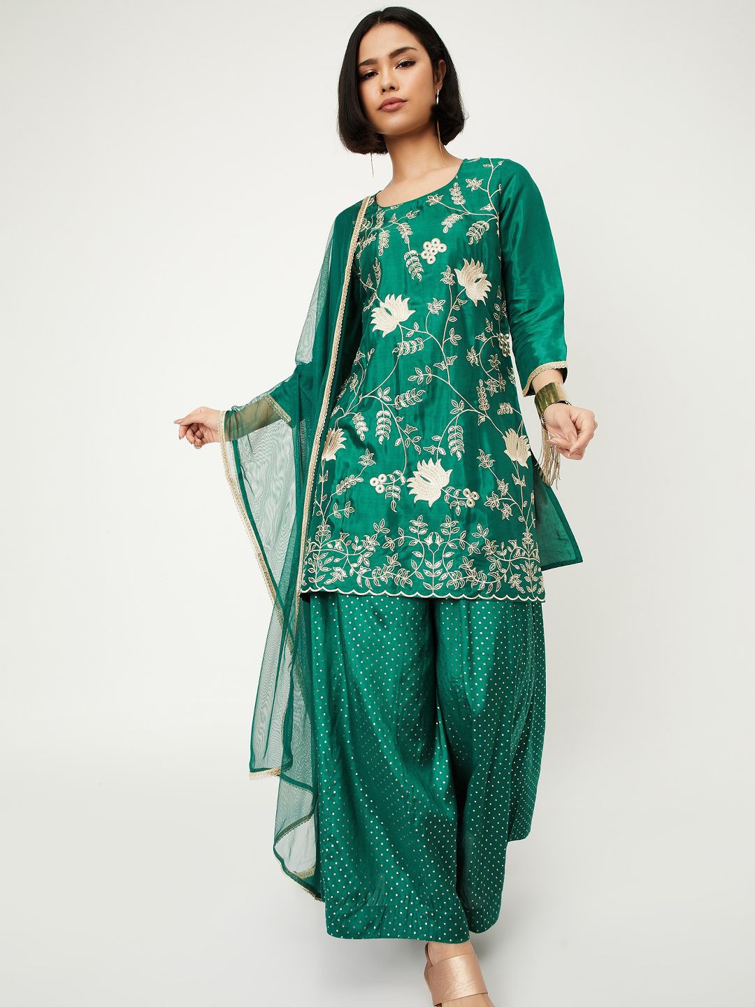

max Floral Embroidered Sequinned Straight Kurti With Palazzos & Dupatta, Green