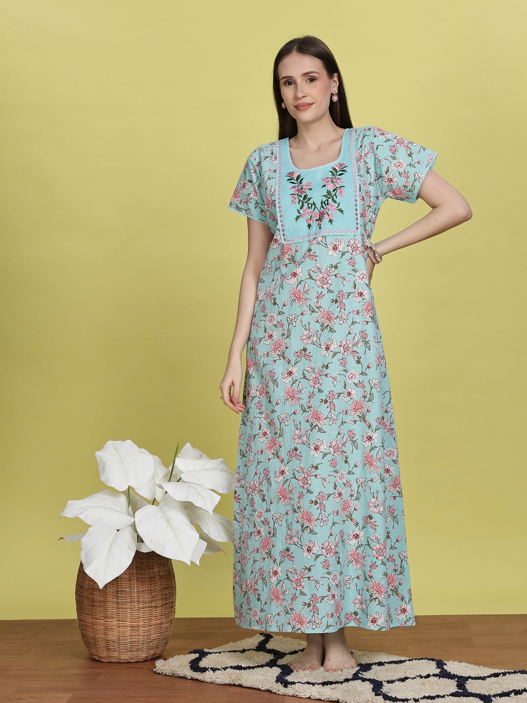 

9shines Label Women Embroidered Pure Cotton Maxi Nightdress, Blue