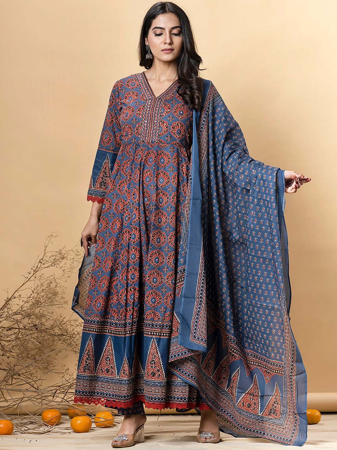 

Readiprint Floral Printed Anarkali Pure Cotton Kurta With Palazzos & Dupatta, Blue