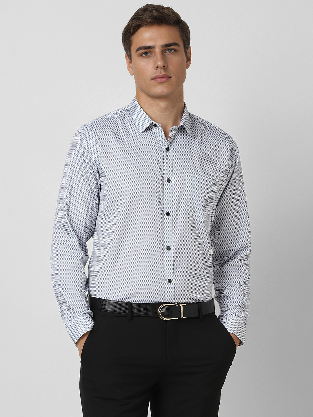 

V Dot Men Spread Collar Geometric Printed Cotton Formal Shirt, White