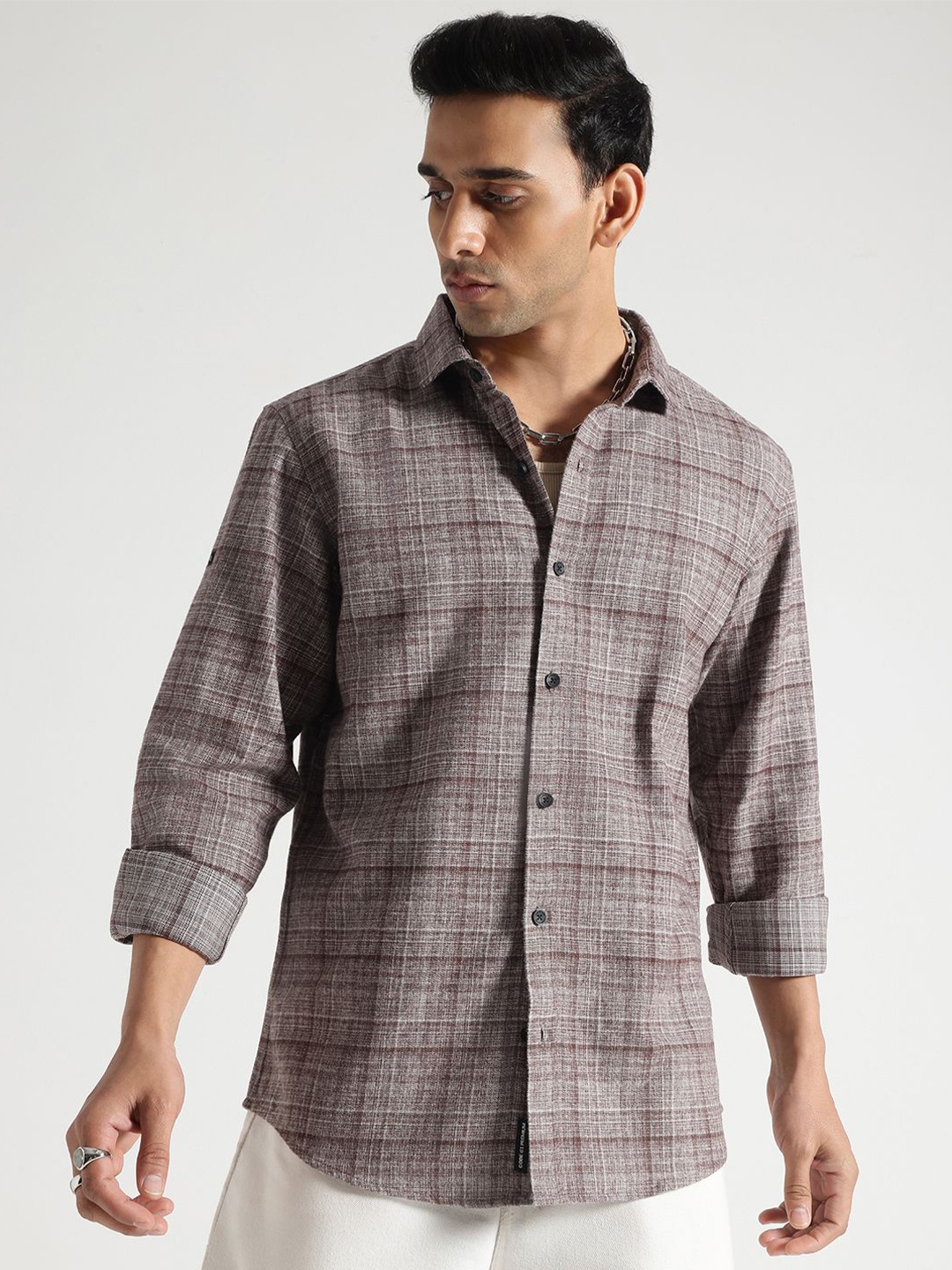 

Code 61 Men Standard Slim Fit Shepherd Checks Opaque Checked Casual Shirt, Grey