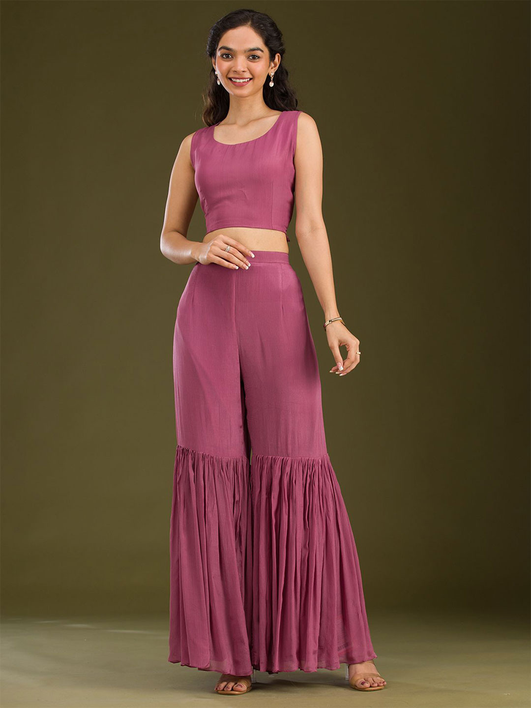 

Koskii Onion Pink Cutdana Georgette Readymade Crop Top With Skirt & Cape Co-Ords