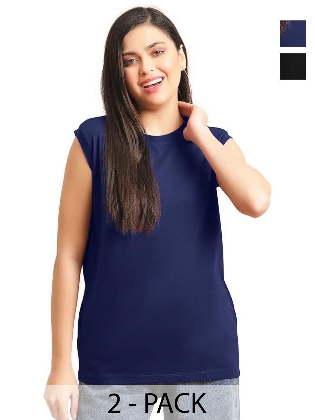 

NOTWILD Women Pack Of 2 Solid Pure Cotton Relaxed Fit T-shirts, Navy blue