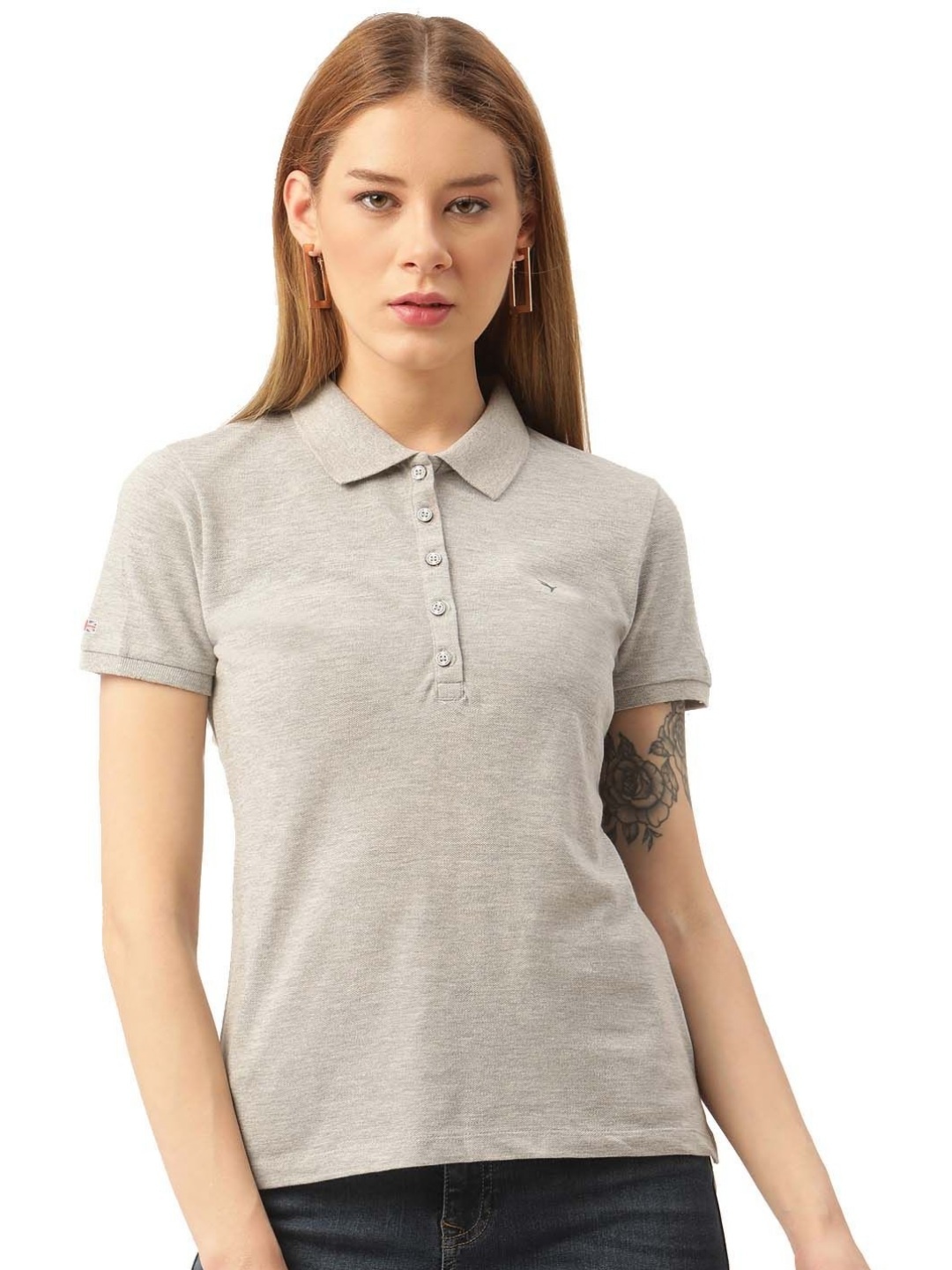 

AMSWAN Women Solid Polo Collar Cotton T-shirt, Grey