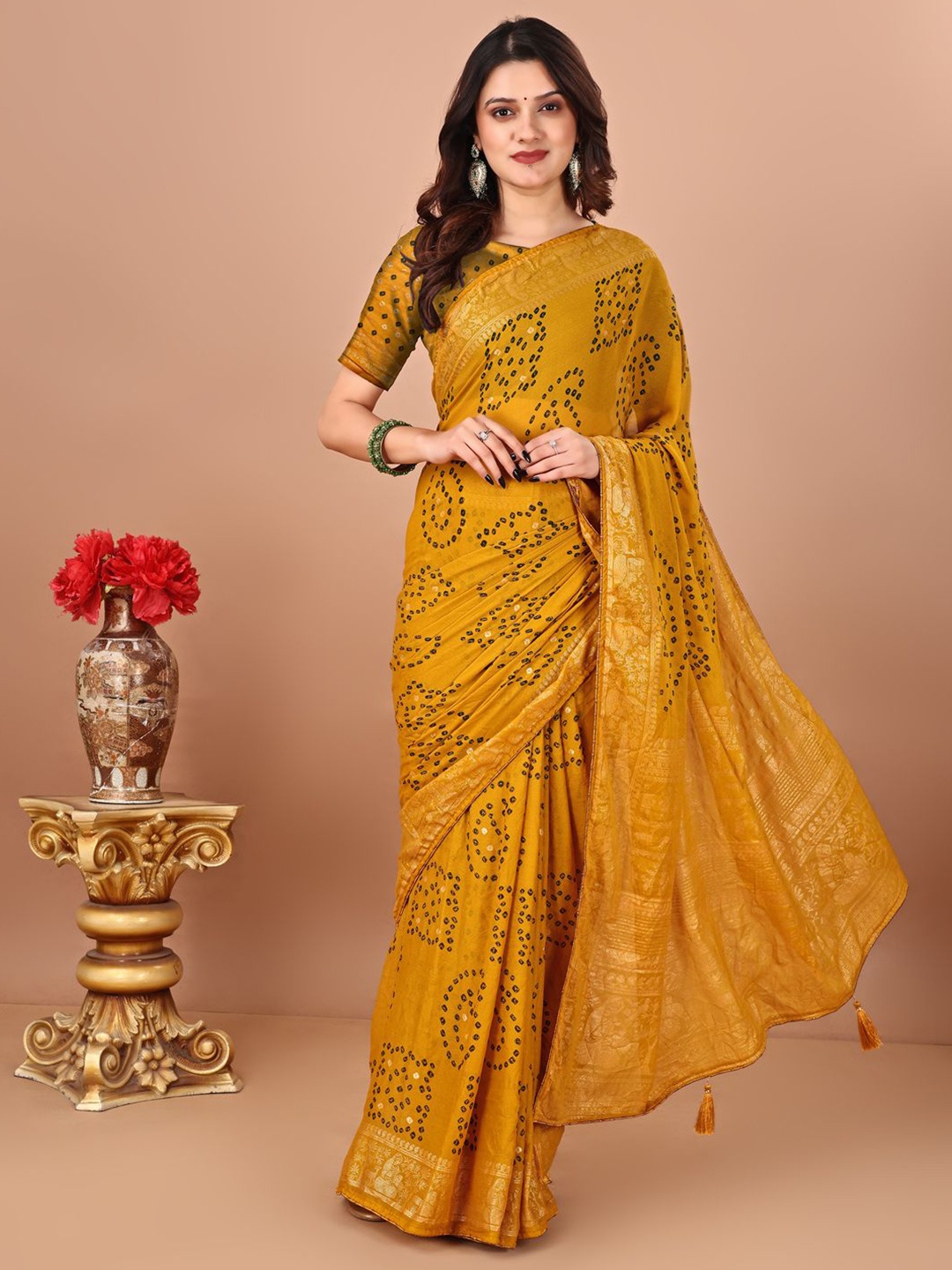 

Mitera Bandhani Printed Saree, Mustard