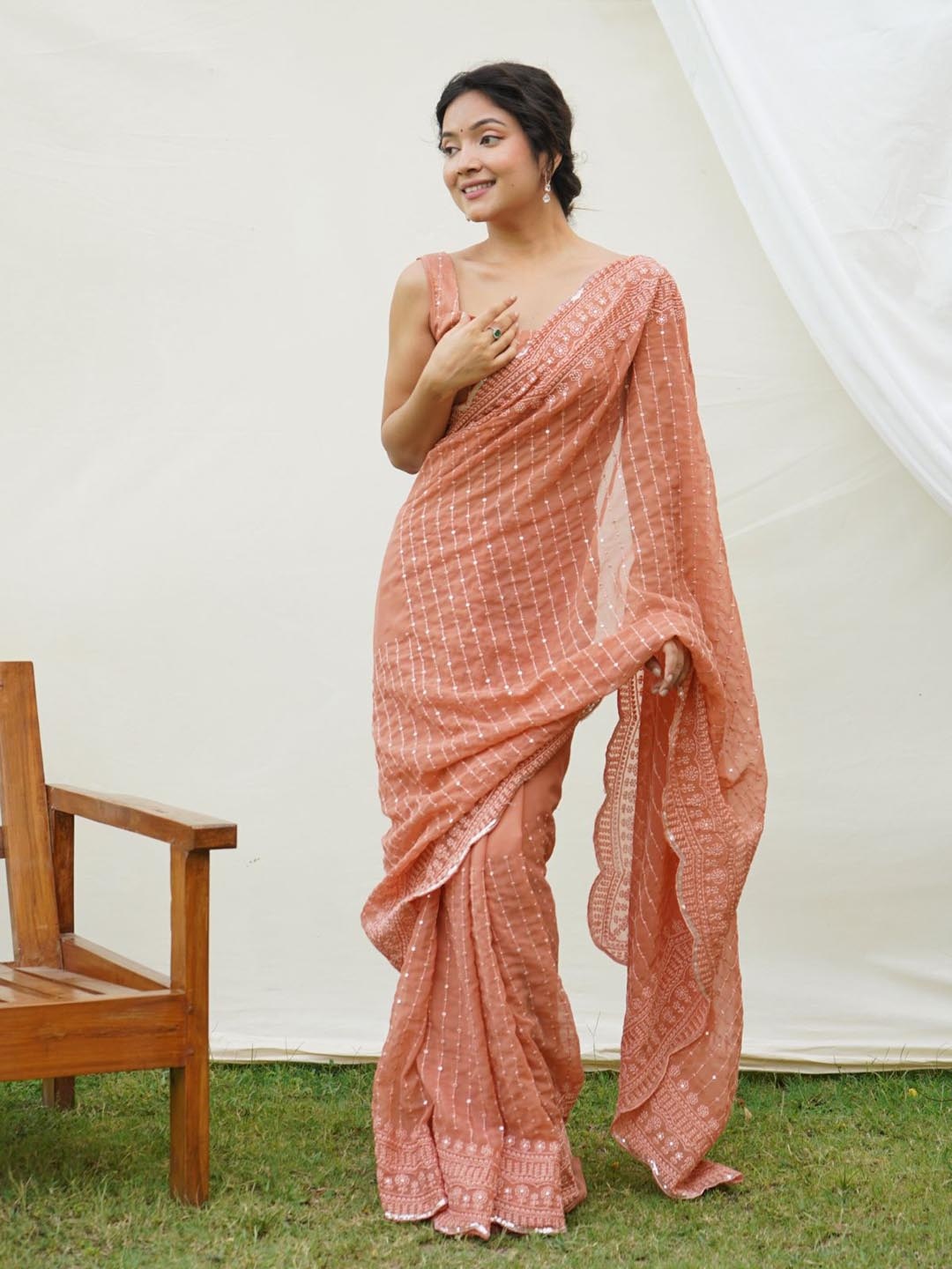 

ODETTE Ethnic Motifs Sequinned Poly Georgette Saree, Peach