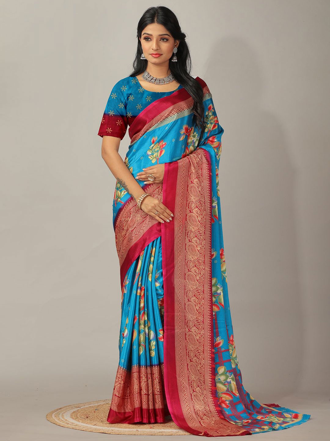 

NIRMAL CREATION Floral Printed Pure Crepe Saree, Turquoise blue